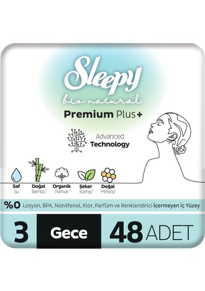 Bio Natural Premium Plus Hijyenik Ped Süper Avantaj Paketi Gece 48 Adet
