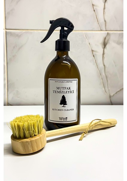 Sarı Amber Cam Temizleme Şişesi ve Meyve/sebze Fırçası, Pratik ve Şık Set