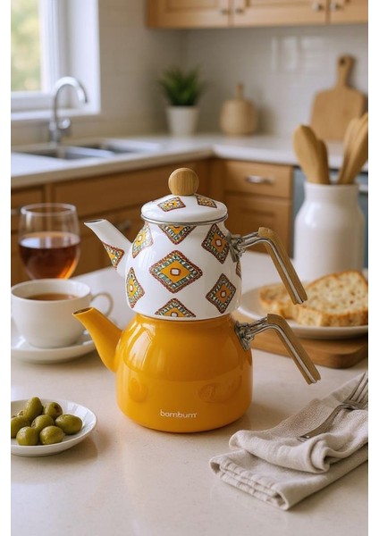 Unique - Bambu Kulplu Emaye Çaydanlık Takımı Hardal