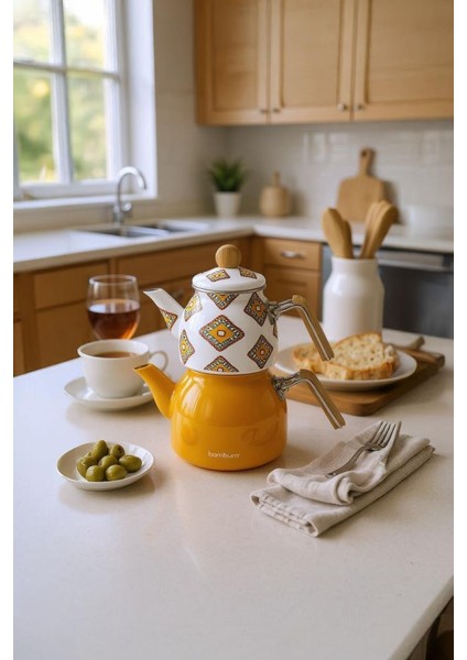 Unique - Bambu Kulplu Emaye Çaydanlık Takımı Hardal fiyatları