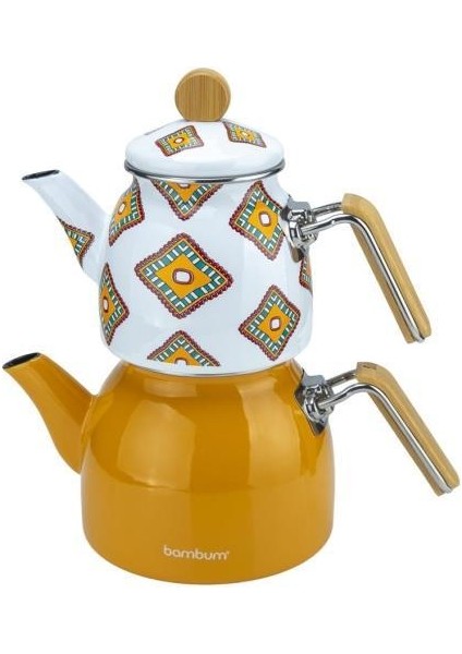 Unique - Bambu Kulplu Emaye Çaydanlık Takımı Hardal modelleri