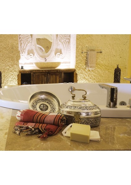 Bakır Hamam Seti Oyma Nakış İşlemeli Gümüş Renk (Kalaylı)