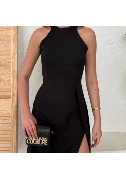 Kadın Halter Yaka Derin Yırtmaç Detaylı Tam Boy Ithal Krep Abiye Elbise fiyatları