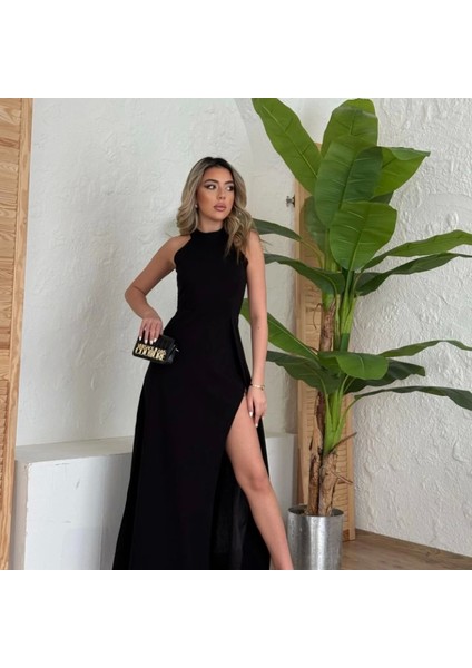 Kadın Halter Yaka Derin Yırtmaç Detaylı Tam Boy Ithal Krep Abiye Elbise modelleri