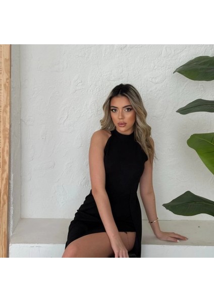 Kadın Halter Yaka Derin Yırtmaç Detaylı Tam Boy Ithal Krep Abiye Elbise indirimleri