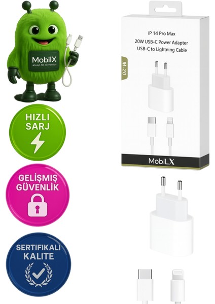 Mobilx M-20 20W iPhone 8–14 Pro Max Uyumlu Hızlı Şarj Adaptörü + Usb-C To Lightning Kablo