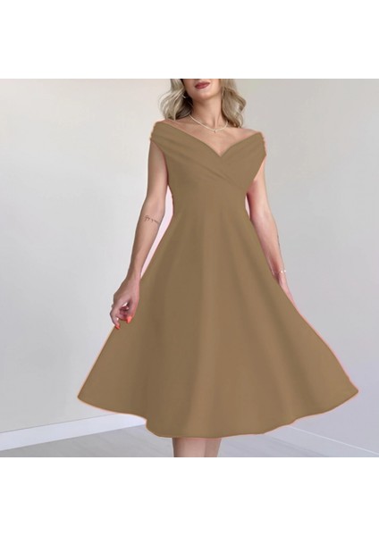 Kadın Kısa Kollu Kruvaze Yaka Eteği Volanlı Krep Elbise