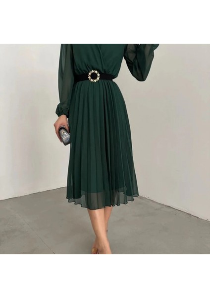 Kadın Şifon Kumaş Astalı Kloş Kesim Kruvaze Yaka Idi Boy Elbise fiyatları