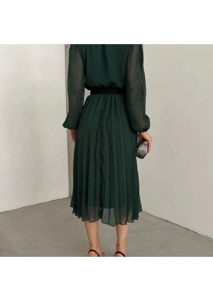 Kadın Şifon Kumaş Astalı Kloş Kesim Kruvaze Yaka Idi Boy Elbise modelleri