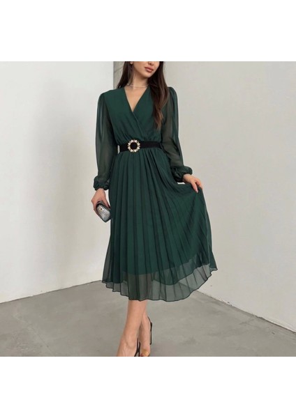 Kadın Şifon Kumaş Astalı Kloş Kesim Kruvaze Yaka Idi Boy Elbise