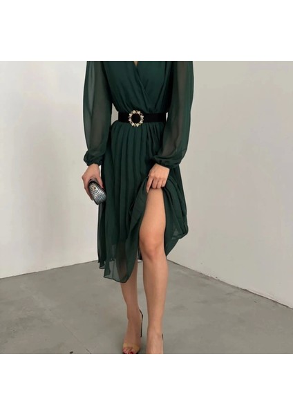 Kadın Şifon Kumaş Astalı Kloş Kesim Kruvaze Yaka Idi Boy Elbise fırsatları