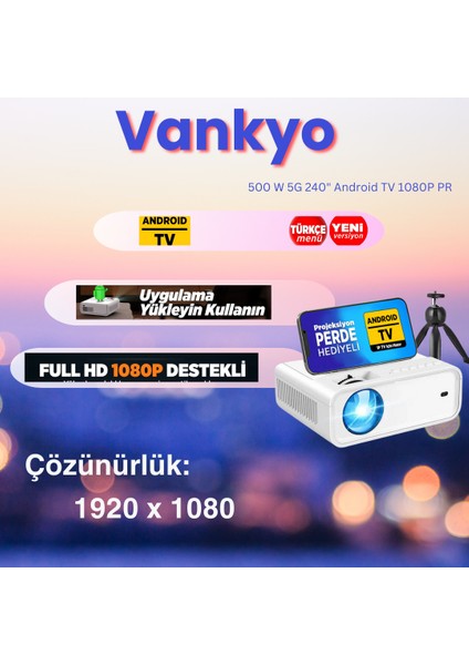 Android Tv 1080P Destekli Sunspark 500W 9000 Lümen Wi-Fi Projeksiyon Cihazı fiyatları