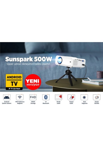 Android Tv 1080P Destekli Sunspark 500W 9000 Lümen Wi-Fi Projeksiyon Cihazı fırsatları