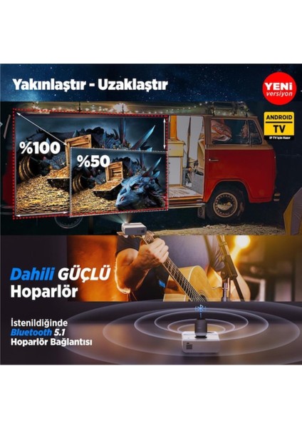 Android Tv 1080P Destekli Sunspark 500W 9000 Lümen Wi-Fi Projeksiyon Cihazı