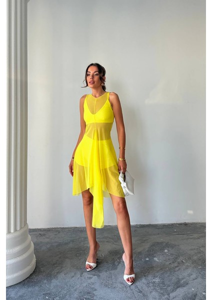 Kadın Sarı Tül Pareo Üçlü Takım NBDF099 fiyatları