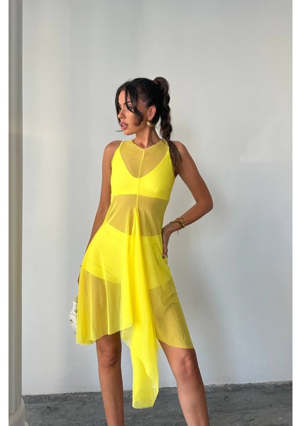 Kadın Sarı Tül Pareo Üçlü Takım NBDF099 fırsatları