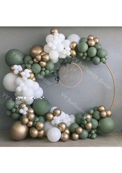 50'li Krom Gold Küf Yeşili ve Pastel Beyaz Balon Zincir Seti