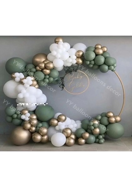 50'li Krom Gold Küf Yeşili ve Pastel Beyaz Balon Zincir Seti modelleri