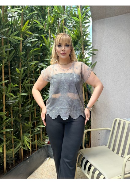 Kadın Büyük Beden Transparan Tül Bluz