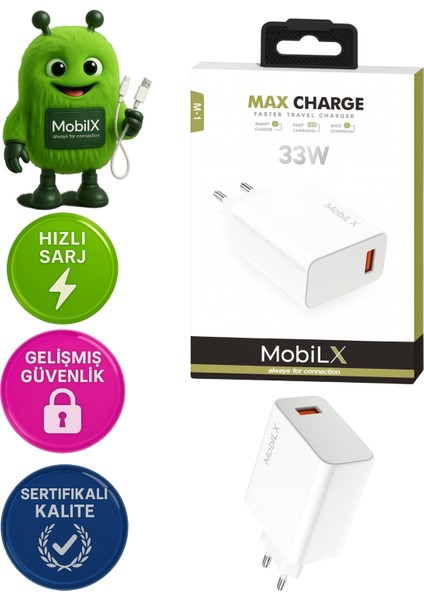 Mobilx M-17 33W Turbo Hızlı Şarj Adaptörü + Type-C USB Kablo | Qc 3.0 Destekli