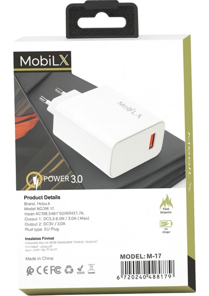 Mobilx M-17 33W Turbo Hızlı Şarj Adaptörü + Type-C USB Kablo | Qc 3.0 Destekli modelleri