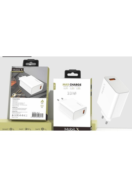 Mobilx M-17 33W Turbo Hızlı Şarj Adaptörü + Type-C USB Kablo | Qc 3.0 Destekli indirimleri