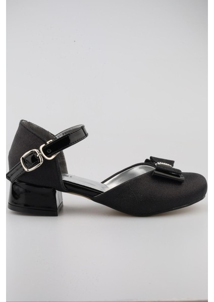 Kız Çocuk Siyah Abiye Simli Kum Detaylı Fiyonklu Ayakkabı