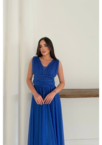 Kadın Saks Simli Büyük Beden Abiye Elbise RYS9223 indirimleri