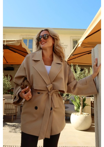 Camel Oversize Düşük Omuz Kısa Trenç - 9580