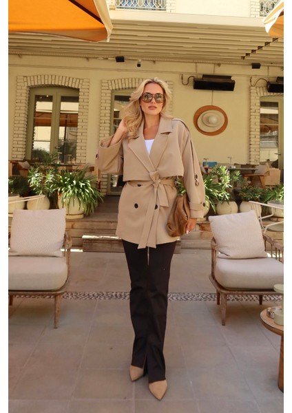 Camel Oversize Düşük Omuz Kısa Trenç - 9580 modelleri