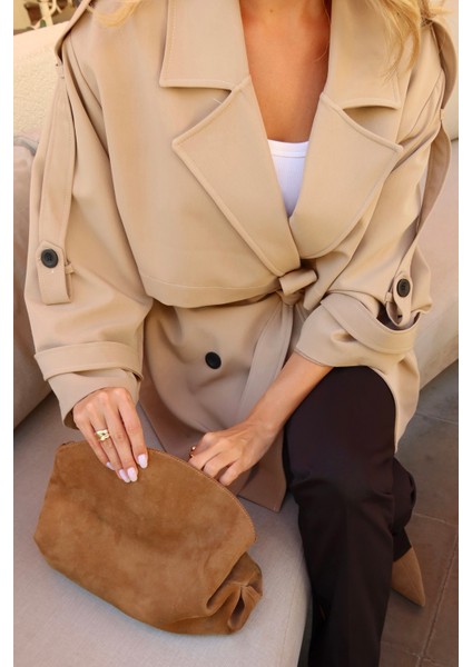 Camel Oversize Düşük Omuz Kısa Trenç - 9580 indirimleri