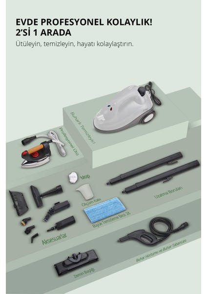 KSC-4218 2'si 1 Arada 2000 ml 4,5 Bar Buharlı Temizleyici ve Buharlı Ütü – 15 Parça Aksesuar fiyatları