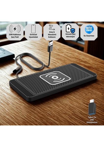 20W Süper Hızlı Kaymaz Kauçuk Kablosuz Şarj Aleti, Araç ve Masaüstü Kullanıbilir, Su Geçirmez Şarj Pedi