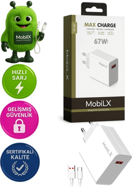 Mobilx 67 Watt Turbo Max Hızlı Şarj Aleti + Type C USB Kablo