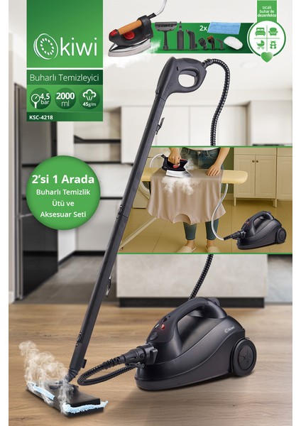KSC-4218 2'si 1 Arada 2000 ml 4,5 Bar Buharlı Temizleyici ve Buharlı Ütü – 15 Parça Aksesuar