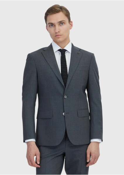 Koyu Gri Mikro Modern Fit Yün Karışımlı Takım Elbise