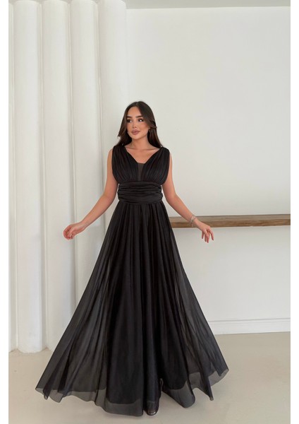 Kadın Siyah Simli Büyük Beden Abiye Elbise RYS9223