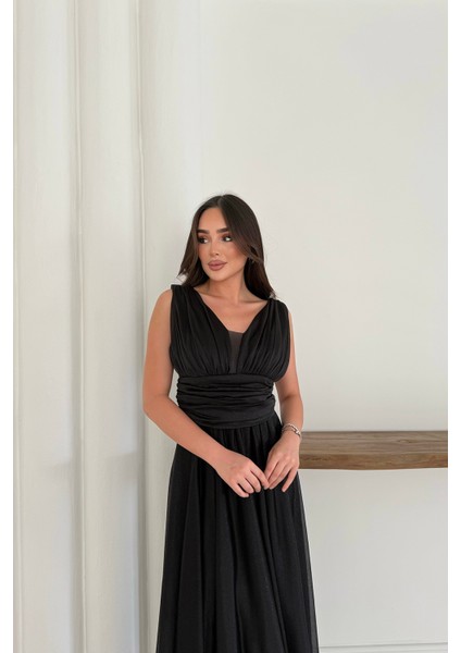 Kadın Siyah Simli Büyük Beden Abiye Elbise RYS9223 fırsatları