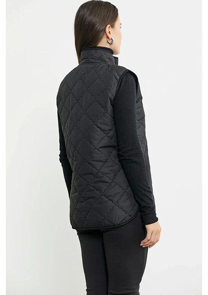 Dik Yaka Cepli Kapitone Yelek - Siyah