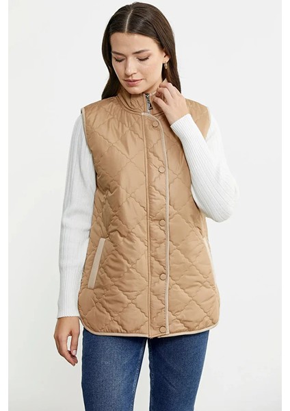 Dik Yaka Cepli Kapitone Yelek - Kamel fiyatları