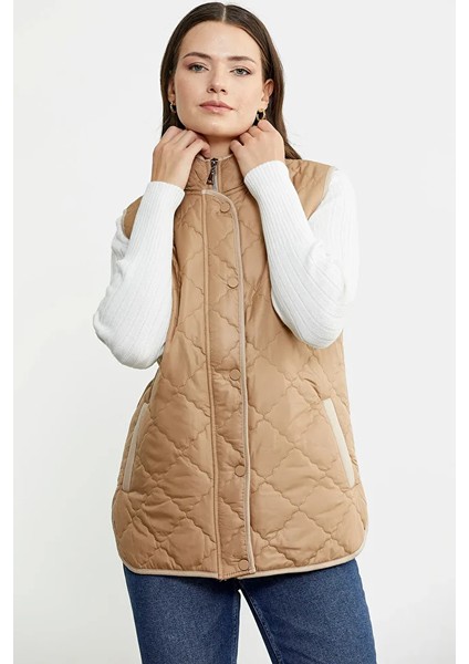 Dik Yaka Cepli Kapitone Yelek - Kamel modelleri