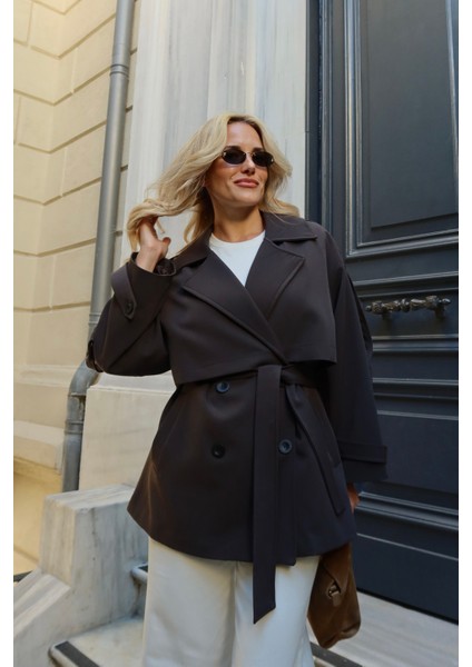 Kahverengi Oversize Düşük Omuz Kısa Trenç - 9580