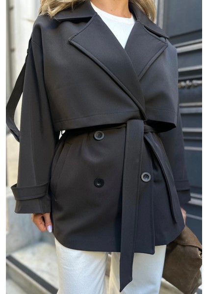 Kahverengi Oversize Düşük Omuz Kısa Trenç - 9580 fiyatları