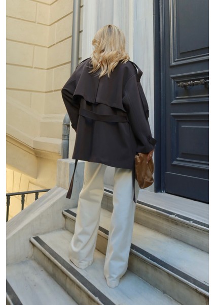 Kahverengi Oversize Düşük Omuz Kısa Trenç - 9580 fırsatları