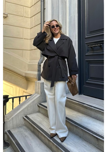 Kahverengi Oversize Düşük Omuz Kısa Trenç - 9580 indirimleri