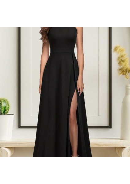 Kadın Halter Yaka Derin Yırtmaç Detaylı Tam Boy Ithal Krep Abiye Elbise