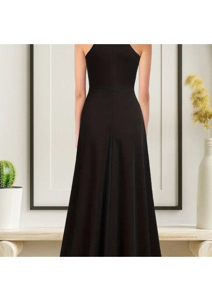 Kadın Halter Yaka Derin Yırtmaç Detaylı Tam Boy Ithal Krep Abiye Elbise fiyatları