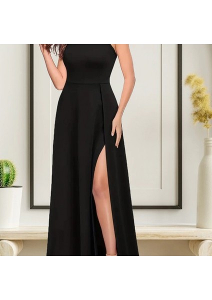 Kadın Halter Yaka Derin Yırtmaç Detaylı Tam Boy Ithal Krep Abiye Elbise modelleri