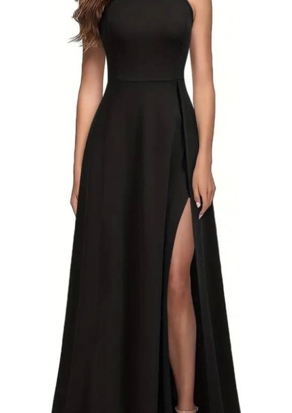 Kadın Halter Yaka Derin Yırtmaç Detaylı Tam Boy Ithal Krep Abiye Elbise fırsatları