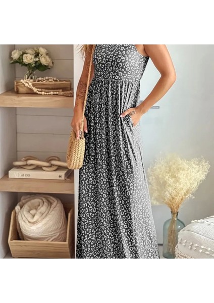 Kadın Kalın Askılı Yuvarlak Yaka Cepli Süprem Maksi Elbise